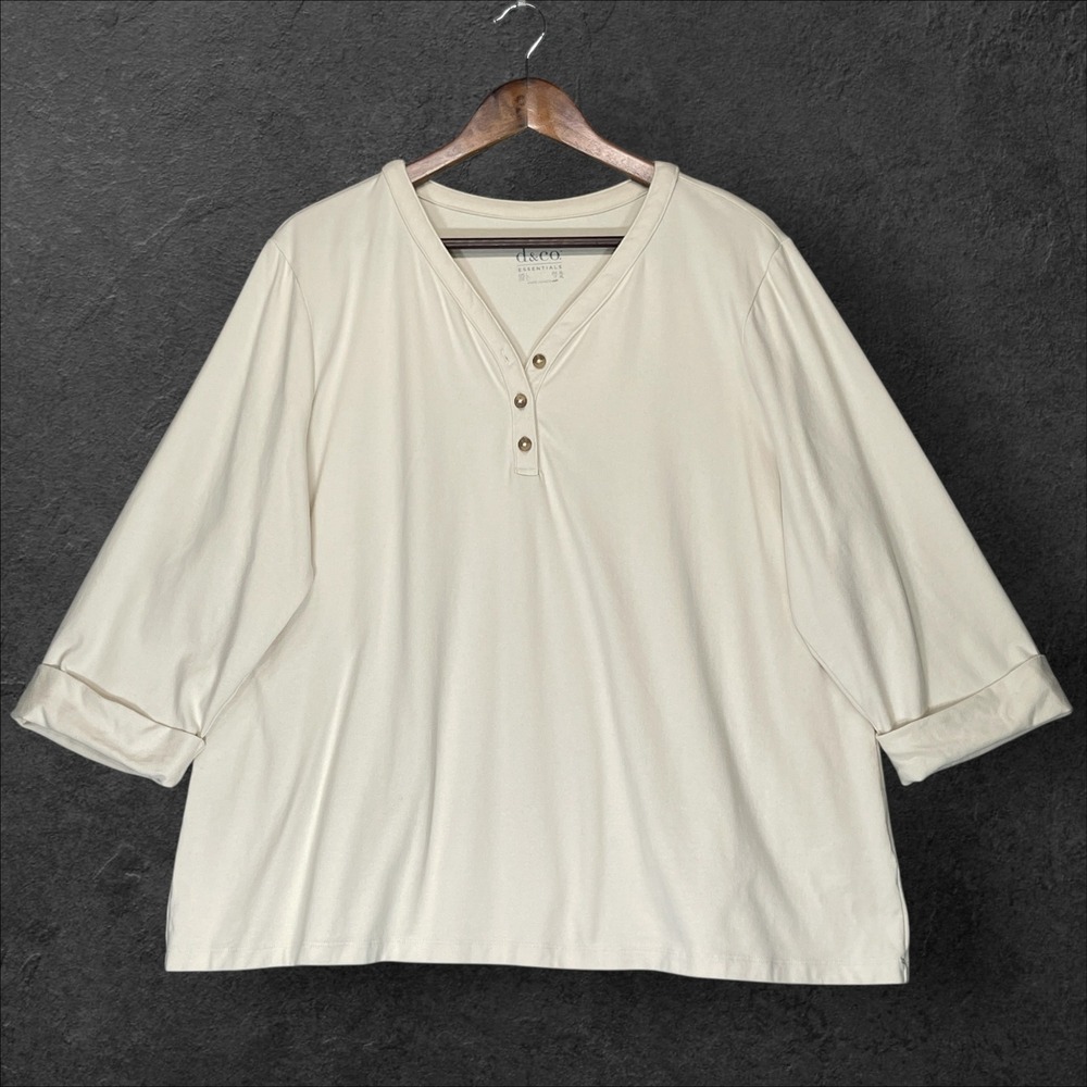 D&Co Essentials Women Top L Button V Neck 3/4 Sleeve Tunic Casual
